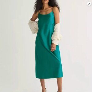 J Crew Satin Slip Dress Midi Maxi Long Teal Blue Green Emerald Straps Square 8 M